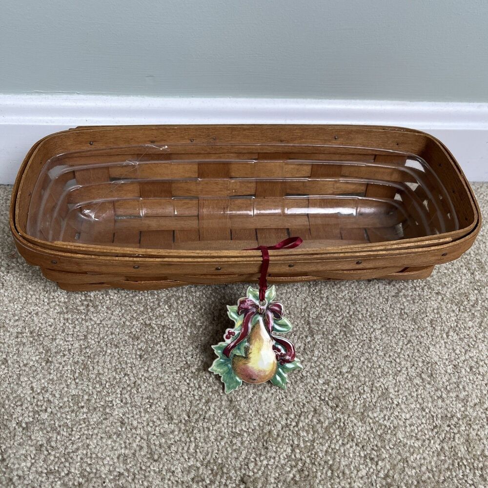 1990 Longaberger Cracker Basket & Protector w/ 2000 Christmas Pear Holly Berry